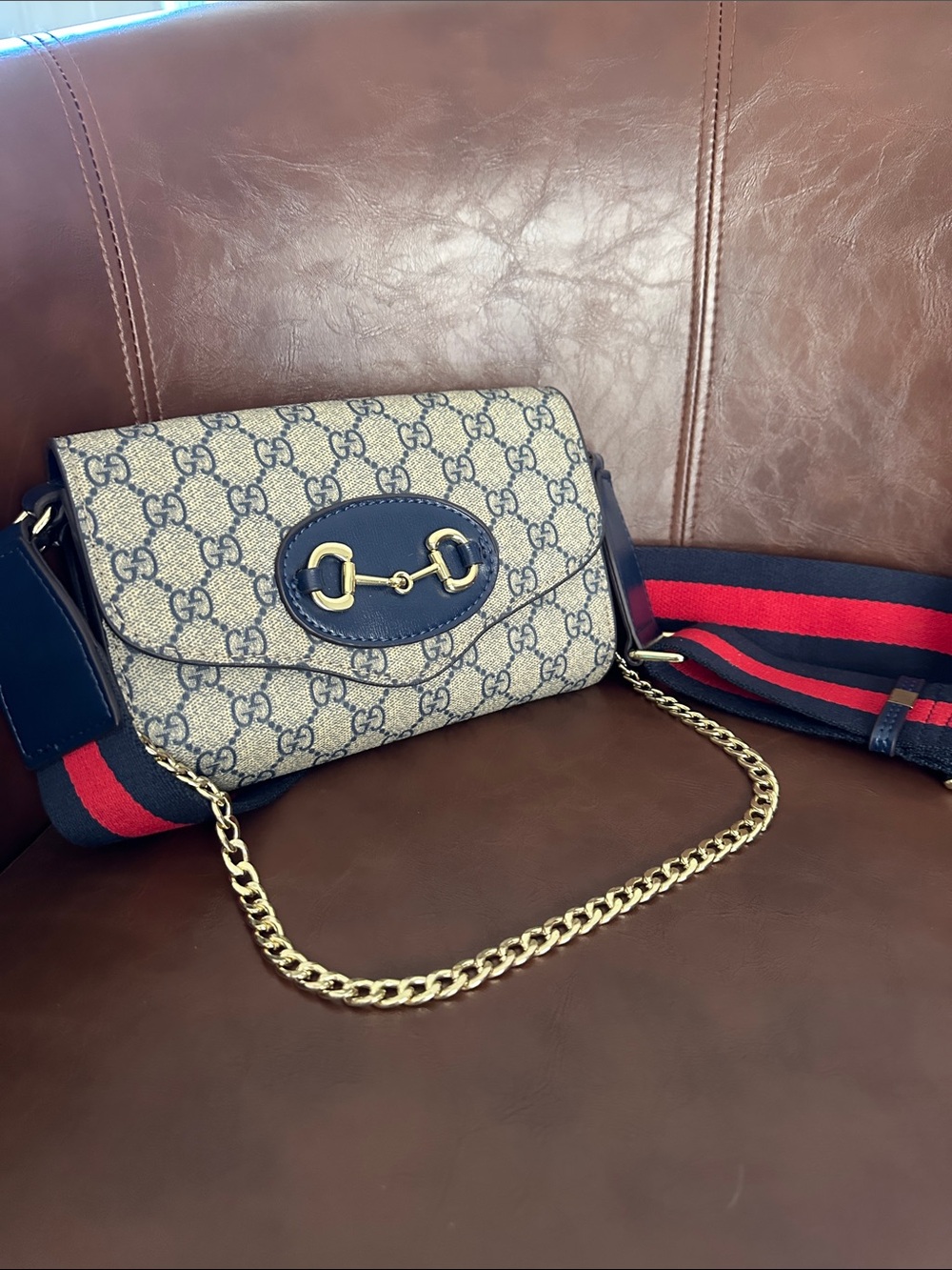 Beige and Navy Crossbody with Red-Blue Strap - Picture 2 of 5